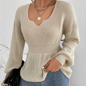 V-Neck Knit Beige Cream Sweater S
